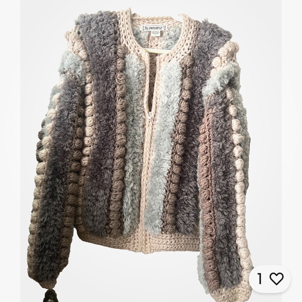 Vintage Le Sweater Women's Striped Hand Knit Pom Pom Zip Cardigan Size Large EUC